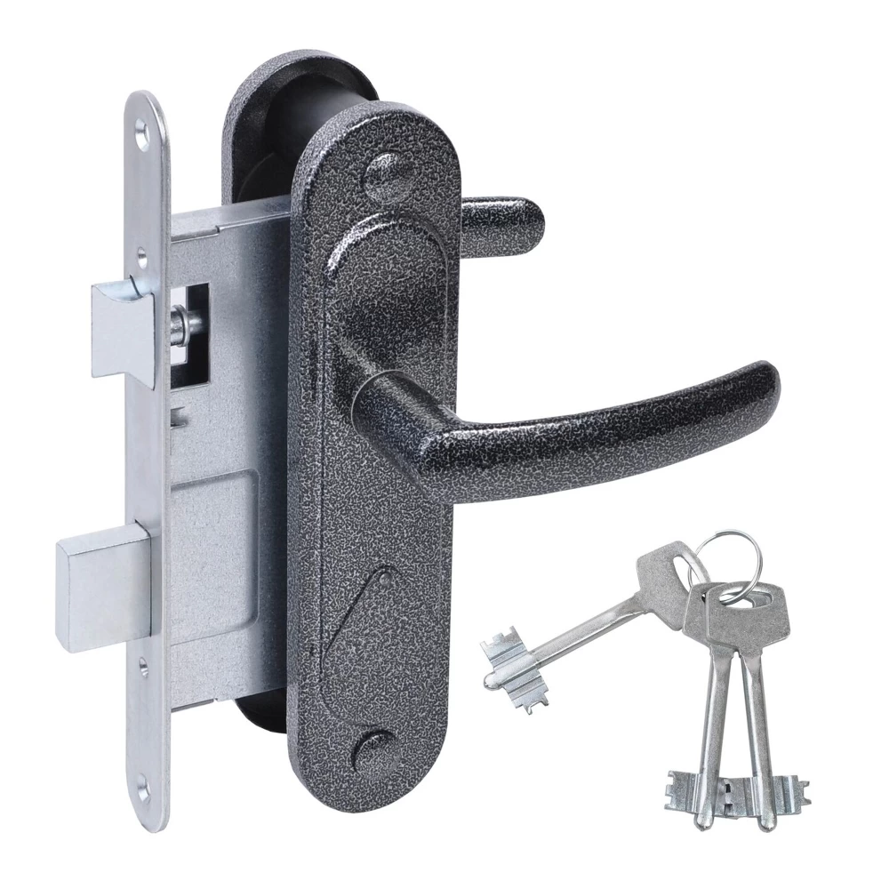 Фото Замок врезной сувальдный с защёлкой в комплекте с ручкой ЗВ9.2-08 (серебро антик), 3 кл.